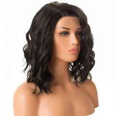 Ihomed Short Black Wavy Wig for Women Synthetic Lace Front Wig 12 Inch Shoulder Length Side Part Bob Curly Wig 13x4 Frontal Daily Use