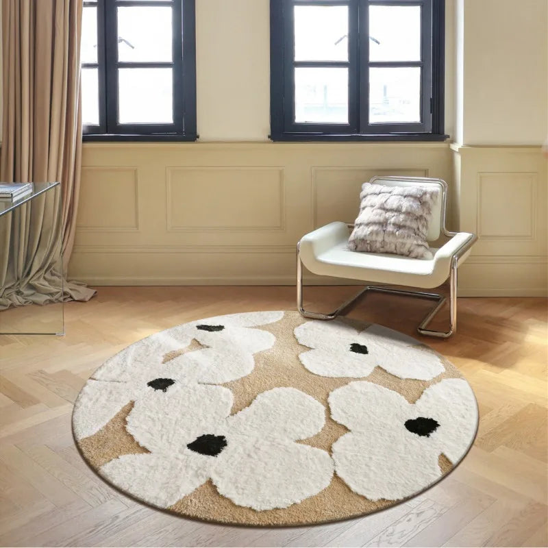 Ihomed Nordic Flowers Flocked Round Rugs Living Room Fluffy Area Rug Bedroom Bedside Anti-Slip Carpet Tufted Soft Floor Mat Home Decor