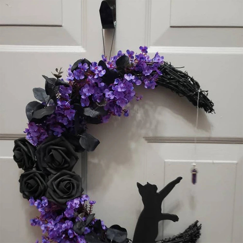 Ihomed Gothic Wreath Decoration Handmade Artificial Moon Cat Garland Durable Halloween Door Hanging Decor for Indoor Outdoor Home Decor