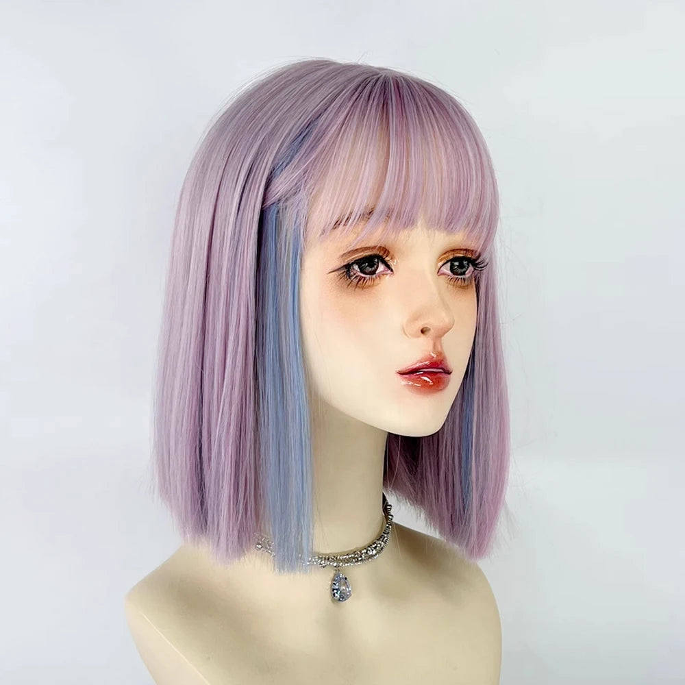 Ihomed Purple Blue Mix Short Bob Straight Women Synthetic Wig with Bangs Lolita Cosplay Fluffy Hair Wig for Daily Party