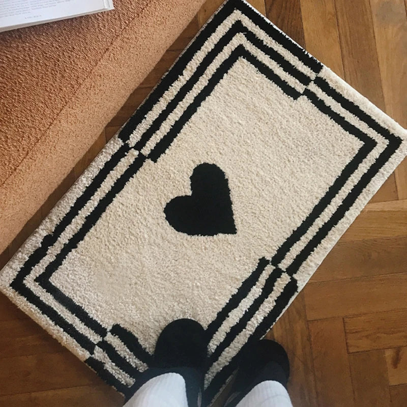 Ihomed Black White Tufting Heart Bathroom Mat Soft Rug Fluffy Bathmat Bedroom Carpet Floor Pad Aesthetic Home Room Warm Decor