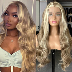 Ihomed Brown Wig with Ash Blonde Highlights Synthetic Hair Long Wavy Loose Body Wave Streaks Money Piece 13X4 Frontal Wigs for Women