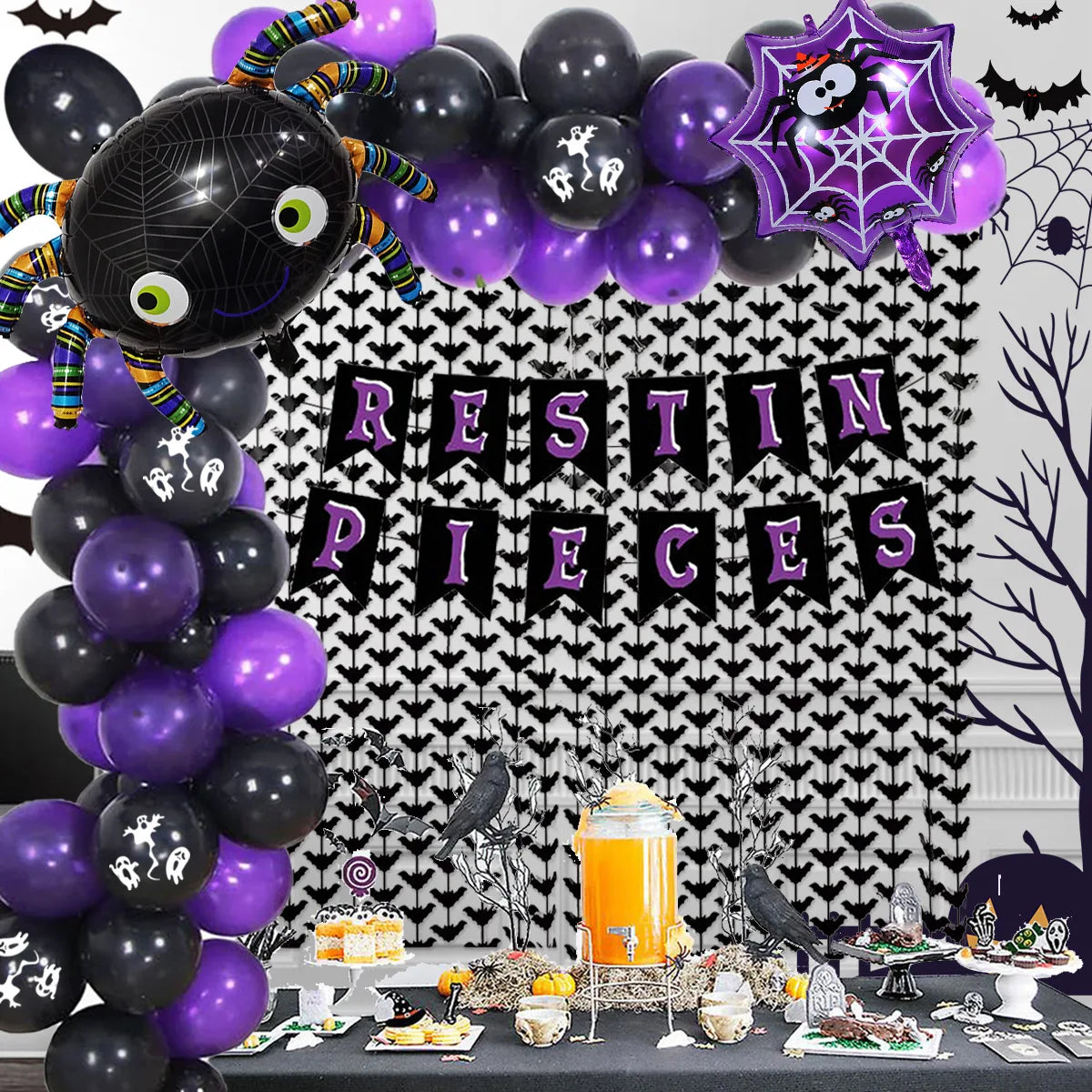 Ihomed Halloween Black /Purple Balloon Set Halloween Flag Raising Decoration Boy Girl Adult Woman Man Ghost Festival Party Decorations