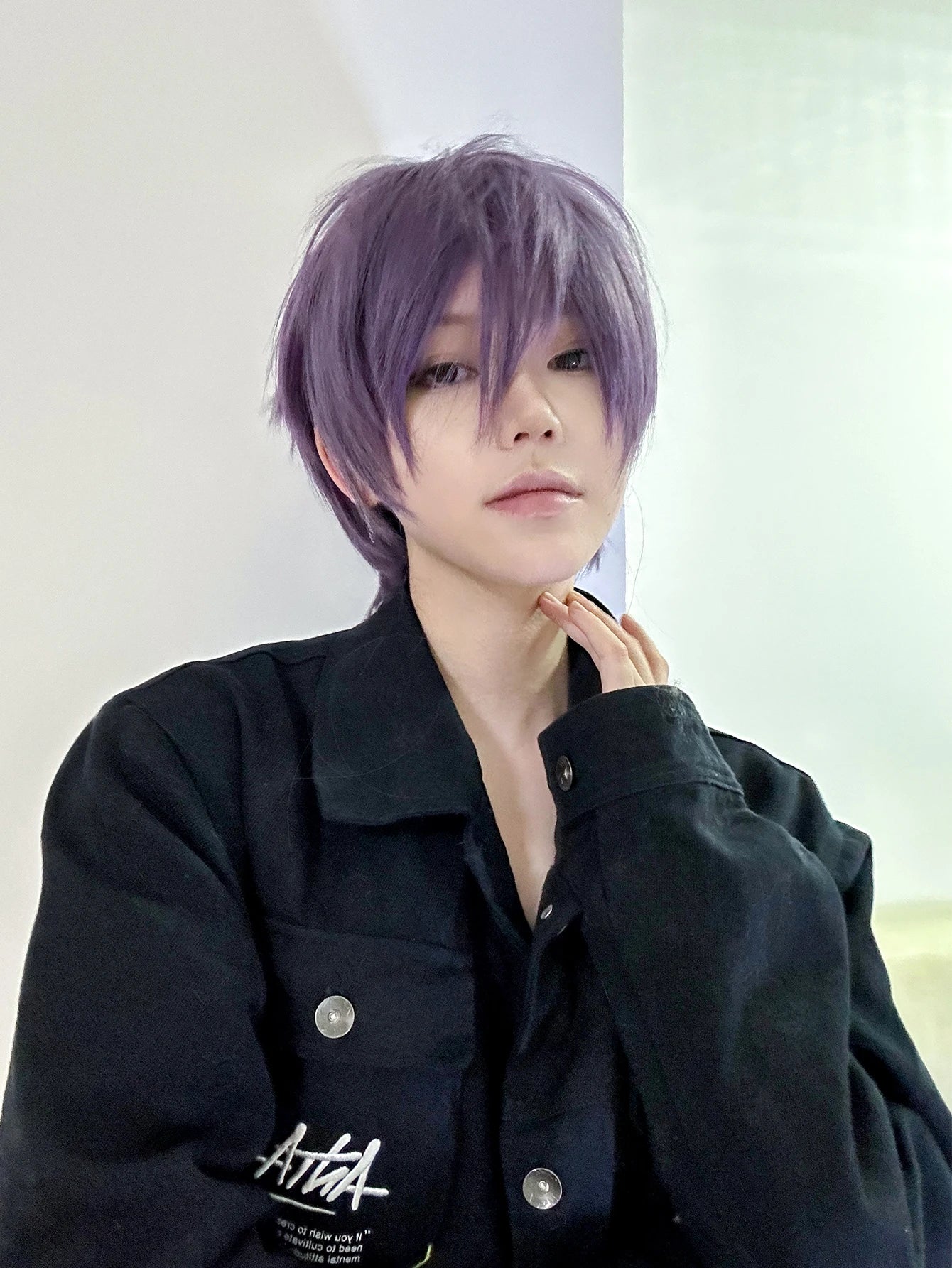 Ihomed 12Inch Purple Handsome Synthetic Wigs With Bang Short Straight Hair Wig For Man or Women Daily Use Cosplay Party Heat Resistant