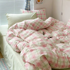 Ihomed INS Pink Green Lattice Stripe Bedding Set Plaid Duvet Cover Soft Microfiber Bed Linen Twin Full Queen Size Grid Home Textiles