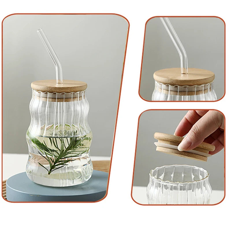 Ihomed 1/2pcs 500ml Glass Tumblers Cups With Straw Mason Jar Clear Juice Coffee Milk Cup With Bamboo Lids Drinkware Stripe Beer Mug