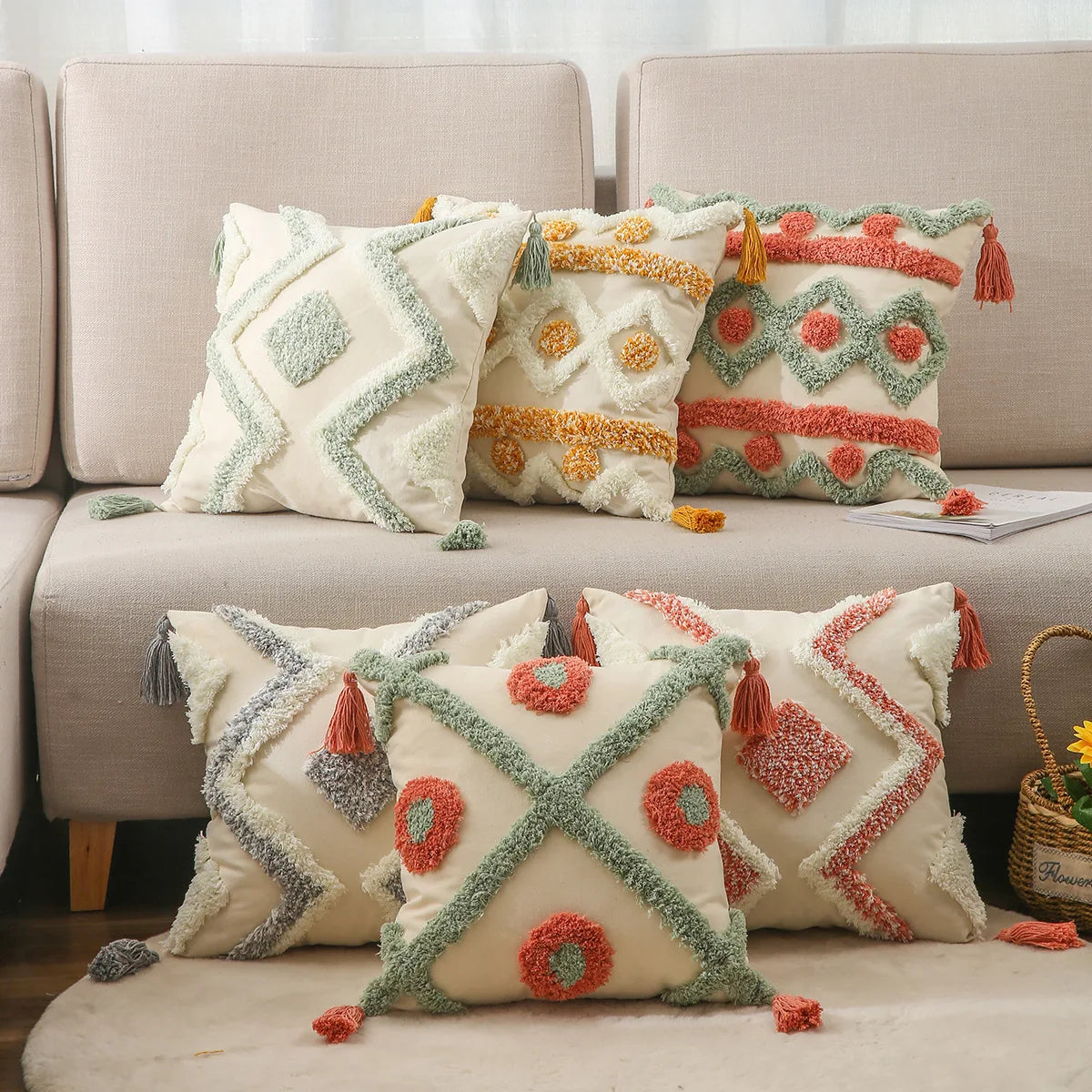 Ihomed Bohemian Pillow Cover Cojines Tufted Geometric Embroidery Cushion Covers Decor Sofa Ethnic Style Pillow with Fringe Pillowcase