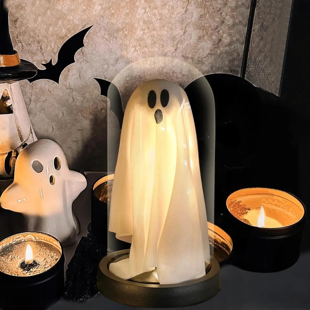 Ihomed Cute Ghost Halloween Lamp Plastic Light Up Ghost in Glass Cloche Halloween Decoration Lights Props Mantel Tabletop Decor