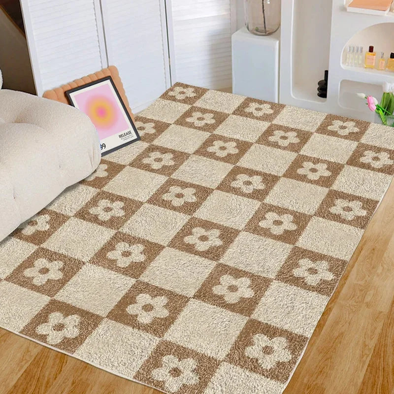 Ihomed Brown Plaid Living Room Large Area Carpet Checkerboard Bedroom Carpets Floral Minimalist Design Rug Soft Plush Home Rugs Tapete