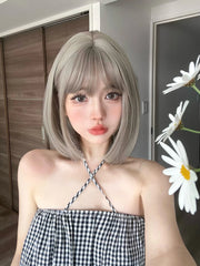 Ihomed 12Inch Gridelin Color Synthetic Lolita Wig With Bang Medium Natural Straight Hair Wig for Women Daily Cosplay Heat Resistant