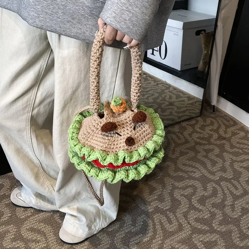 Ihomed Crochet Finished Bag Cute Diagonal Cross Handmade Bag 2025 New Autumn Winter Coin Purse Women Hamburger  Handcraft Shoulder Bags