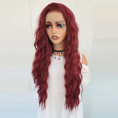 Ihomed Burgundy Wig Long Curly Synthetic Lace Front Wig Natural Wavy Deep Wave Dark Red Colored Hair 13X4 Frontal Wigs for Women Party