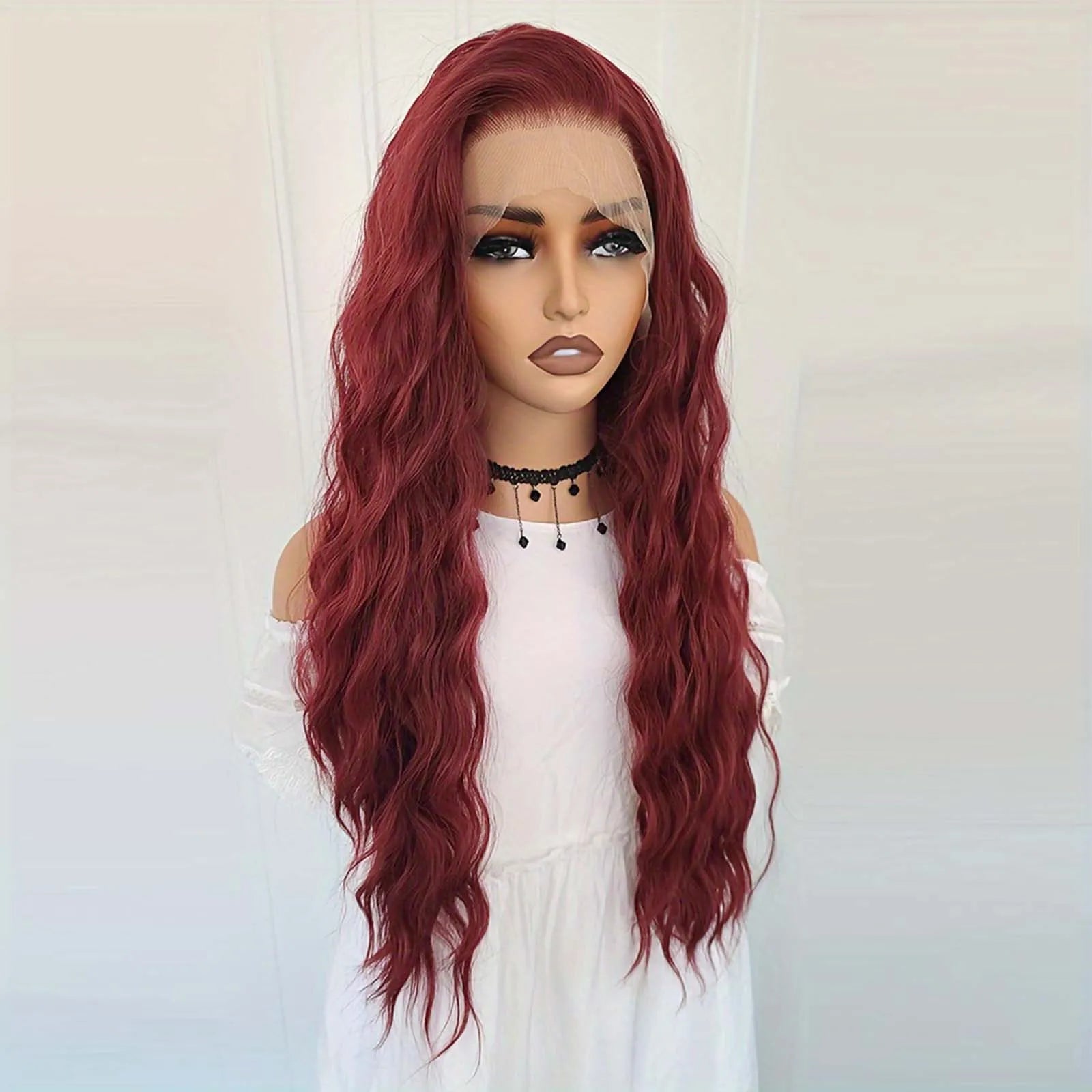 Ihomed Burgundy Wig Long Curly Synthetic Lace Front Wig Natural Wavy Deep Wave Dark Red Colored Hair 13X4 Frontal Wigs for Women Party