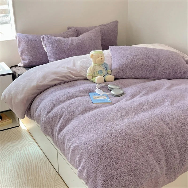 Ihomed AB Side Lamb Cashmere and Flannel Fleece Bedding Set, Velvet Duvet Cover, Warm Flat Sheet, Home Linens, Twin Queen