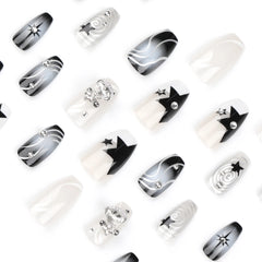 Ihomed 24pcs Punk Fake Nails Heavy Metal Sliver Bead Black Star Design False Nail Patch Wearable y2k Cool Girl Style Press on Nails