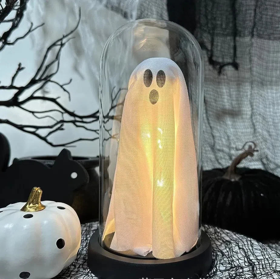 Ihomed Cute Ghost Halloween Lamp Plastic Light Up Ghost in Glass Cloche Halloween Decoration Lights Props Mantel Tabletop Decor