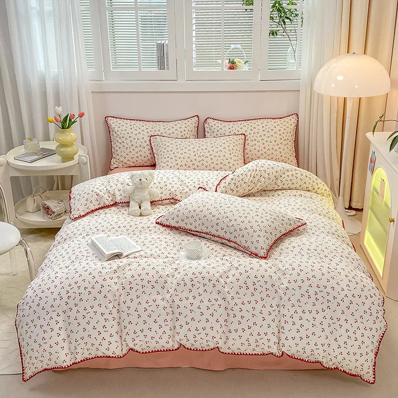 Ihomed INS Girls Cherry Bedding Set Soft Washed Cotton Bed Sheet Queen King Size Simple Quilt Cover Pillowcase Bed Linens