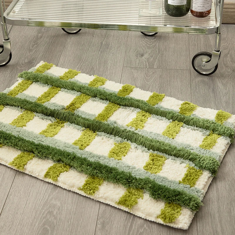 Ihomed Tufting Checks Bathmat Chic Bathroom Rug Soft Fluffy Geometric Mat Carpet Floor Anti Slip Pad Aesthetic Home Room Green Decor