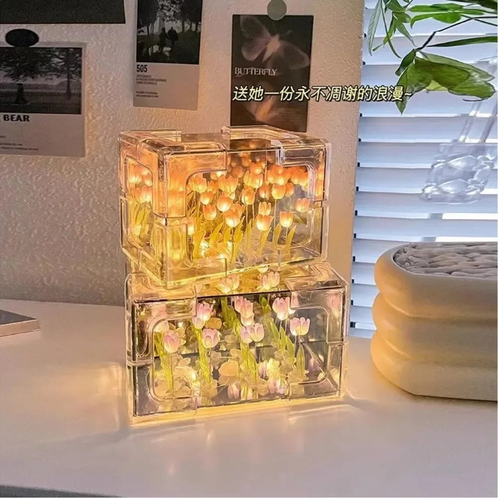 Ihomed Creative Diy Tulip Flower Sea Cube Three-Dimensional Small Night Lamp Material Package for Girlfriend Couple Girlfriends