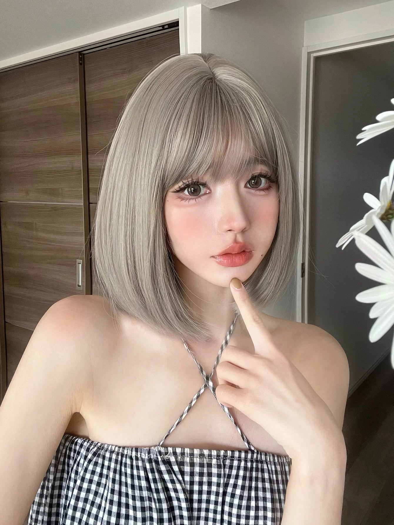 Ihomed 12Inch Gridelin Color Synthetic Lolita Wig With Bang Medium Natural Straight Hair Wig for Women Daily Cosplay Heat Resistant