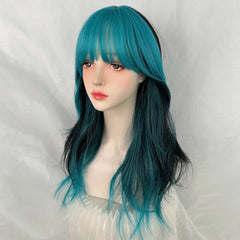 Ihomed Ombre Black Blue Blend Synthetic Long Wavy Wig with Bangs Fluffy Women Lolita Cosplay Hair Wig for Daily Party