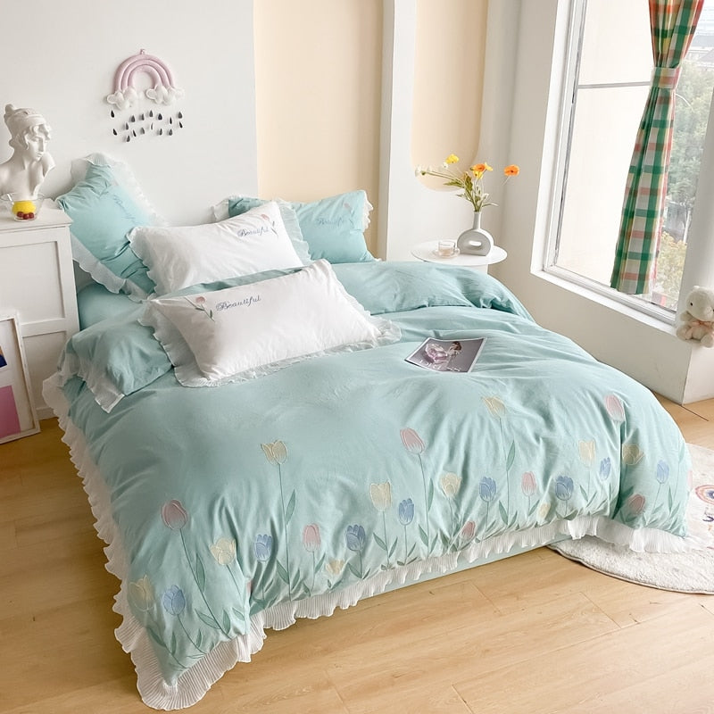 Ihomed Tulip Embroidery Girl Bedding Set 100% Washed Cotton Lace Ruffles Flower Quilt/Duvet Cover Set Bed Linen Fitted Sheet Pillowcase