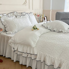 Ihomed Bedding Sets Luxury Girls French Manor Bed Line Cotton Quilted Ruffle Duvet Cover Bed Skirt with Pillowcase Bed Comforter Sets