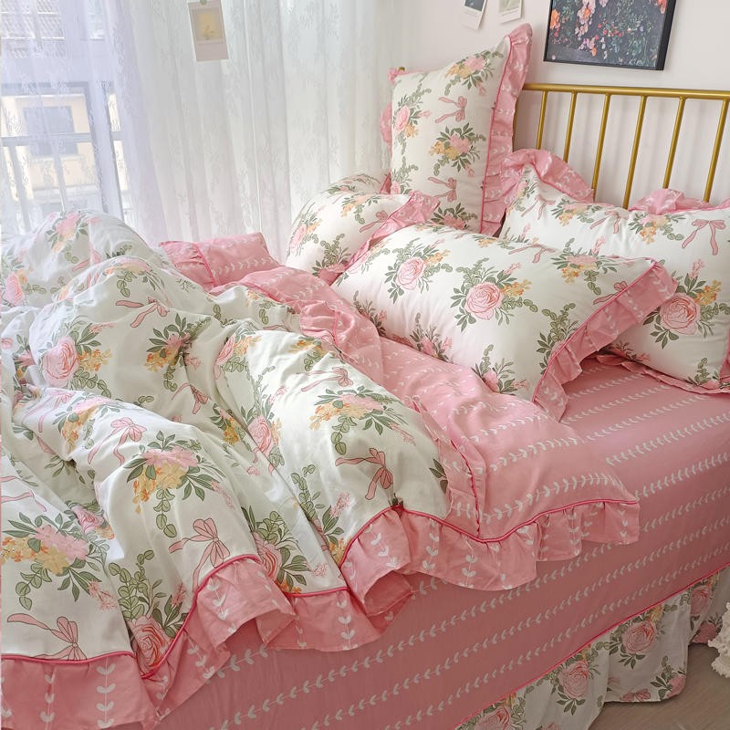 Ihomed 4/6Pcs100%Cotton Bedding Set Vintage Elegant Flowers Duvet cover  with Ruffle soft comfy bed sheet pillowcases Double Queen King