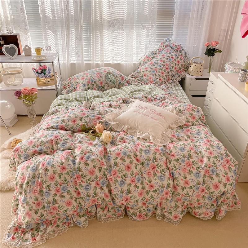 Ihomed 100%Cotton Single Queen Double size Bedding Sets for Girls Vibrant Flowers Down Comforter Cover Zipper Bed Sheet Pillow shams