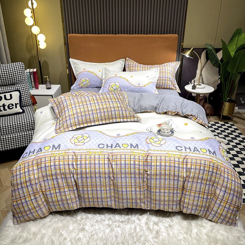 Ihomed Beddings Sets Thickened Encrypted Twill Cotton Four-piece Light Luxury Printed Bedsheets Set with Pillows Case Bed Linen 1 5 Sp