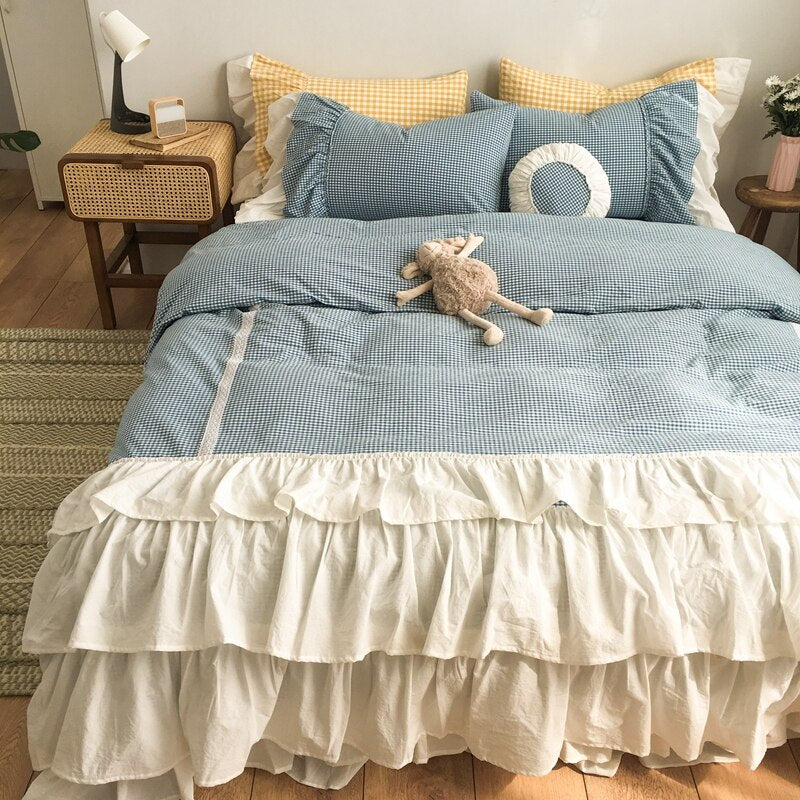 Ihomed 100% Yarn-Dyed Washed Cotton Princess Girl Bedding Set White Ruffle Splice Cake skirt design Duvet Cover Bed Skirt Pillowcases