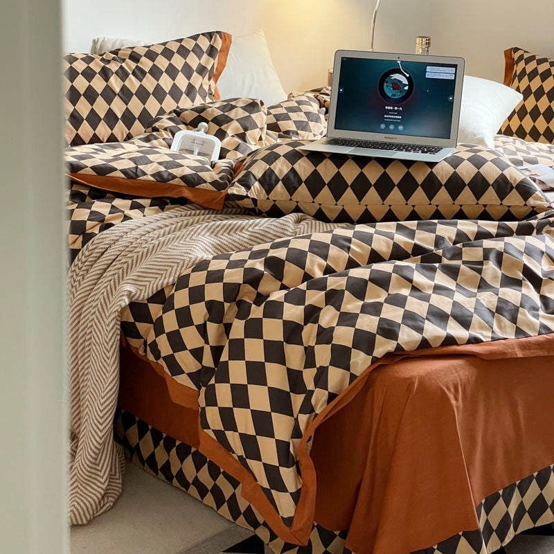 Ihomed 100% Cotton Check Bedding Set Square Lattice Morden Bedsheet Quilt Cover220x240cm Soft Fashionable Simple Design Bedroom