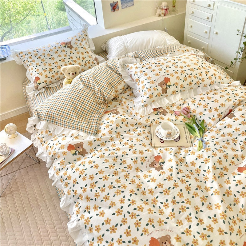 Ihomed Kawaii Peach Bedding Set For Home Cotton Twin Full Queen Size Strawberry Bear Cute Fitted Bed Sheet Pillowcases Duvet Cover