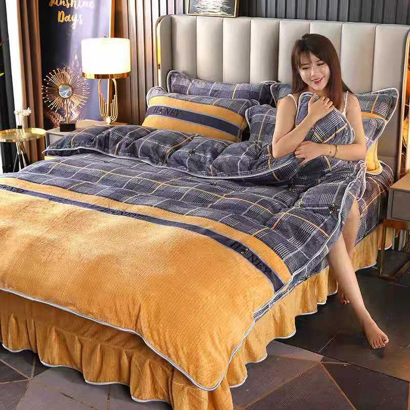 Ihomed 4pcs Set Winter Warm Thicken Short Plush Bedding Set Printing Flannel Duvet Cover Flat Sheet Pillowcase King Queen Bedding Set