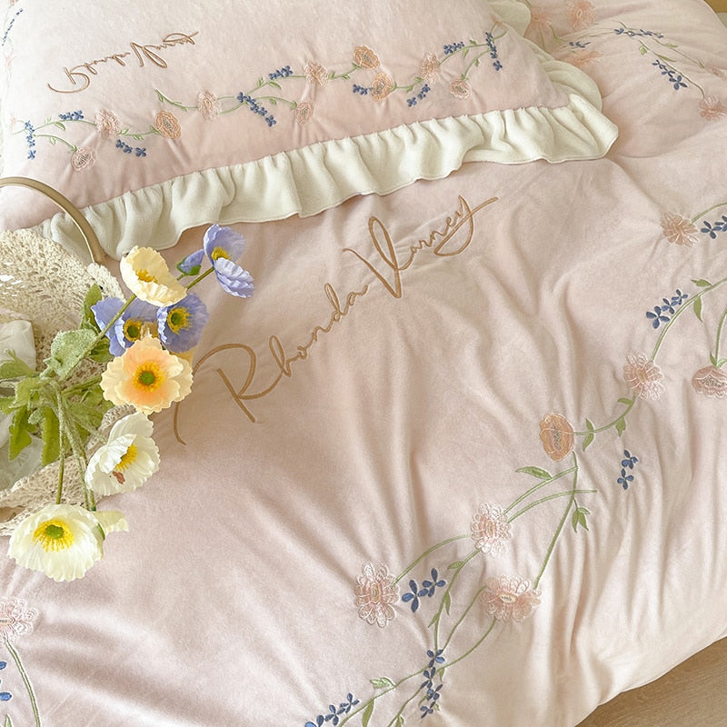Ihomed Flowers Embroidery Princess Bedding Set Shaggy Velvet Fleece Ruffles Duvet Cover Quilt Cover Set Bed Skirt Bedspread Pillowcases
