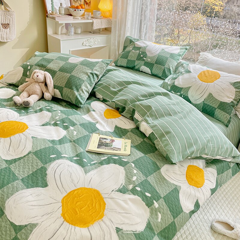 Ihomed Cute Animals Flower Bedding Set For Double Bed 100 Cotton Twin Full Queen Size Bedding Couple Fitted Bed Sheet Duvet Cover Set