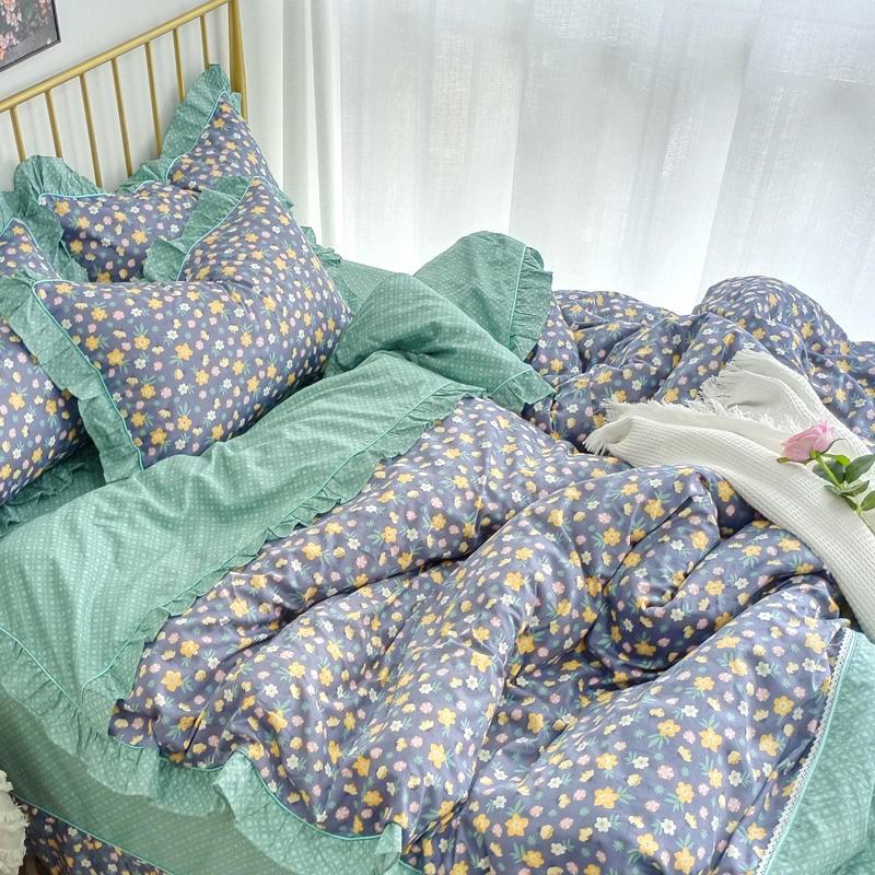 Ihomed 4/6Pcs100%Cotton Bedding Set Vintage Elegant Flowers Duvet cover  with Ruffle soft comfy bed sheet pillowcases Double Queen King