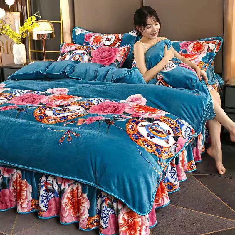 Ihomed 4pcs Set Winter Warm Thicken Short Plush Bedding Set Printing Flannel Duvet Cover Flat Sheet Pillowcase King Queen Bedding Set