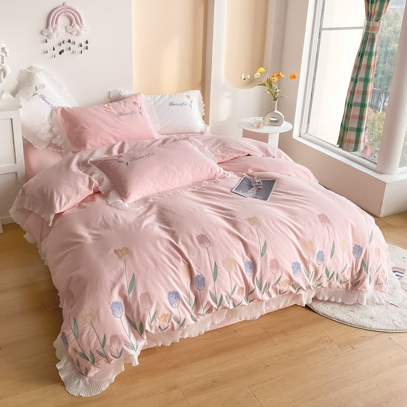 Ihomed Tulip Embroidery Girl Bedding Set 100% Washed Cotton Lace Ruffles Flower Quilt/Duvet Cover Set Bed Linen Fitted Sheet Pillowcase