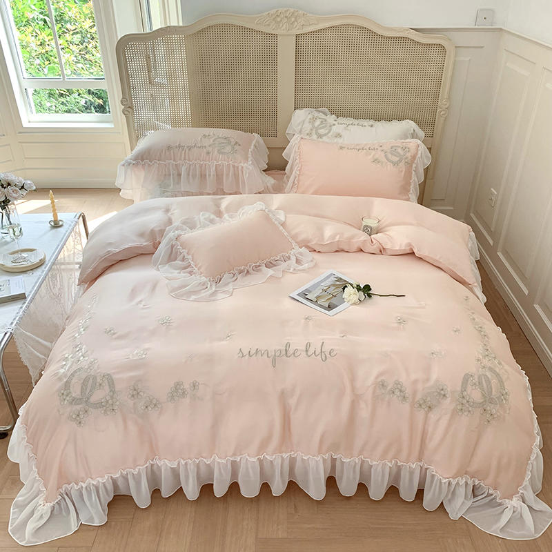 Ihomed Luxury Embroiderd Snow White Lace Bedding Set 4pcs 100% Cotton Korean Princess Wedding Duvet Cover Bed Sheet Linen Pillowcases