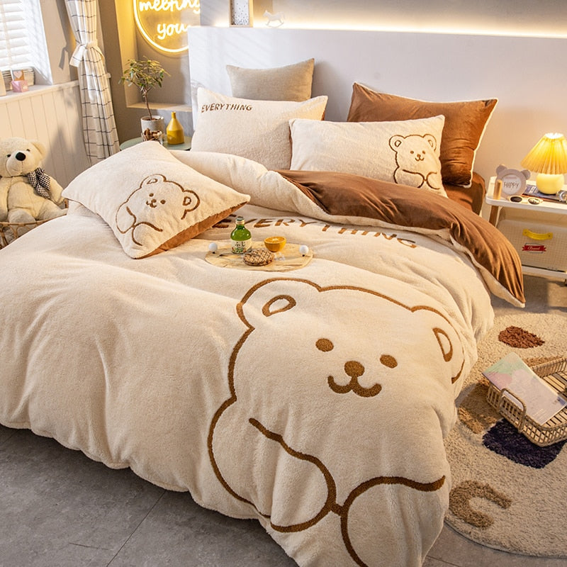 Ihomed Soft Warm Cosy Flannel Velvet Fleece Cartoon Bear Embroidery Child Bedding Set Duvet Cover Flat/Fitted Sheet Pillowcases