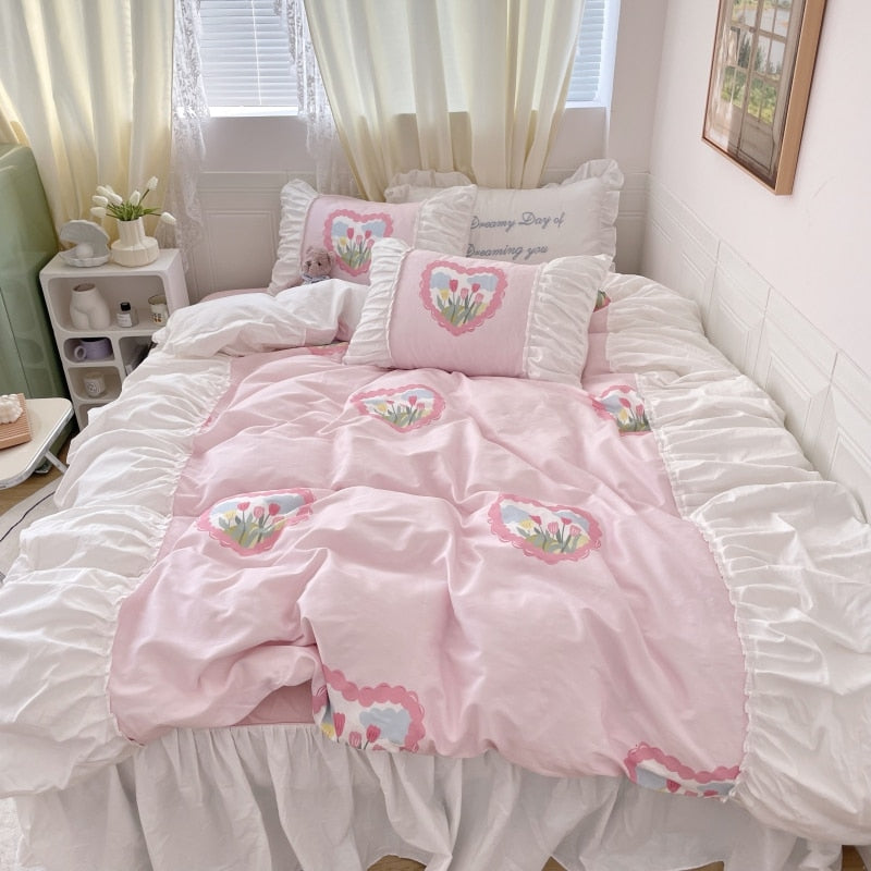 Ihomed 100% Cotton White Pleat Ruffles Patchwork Rose Printing Girl Bedding Set Quilt Cover Set Bed Skirt Flat/Fitted Sheet Pillowcases