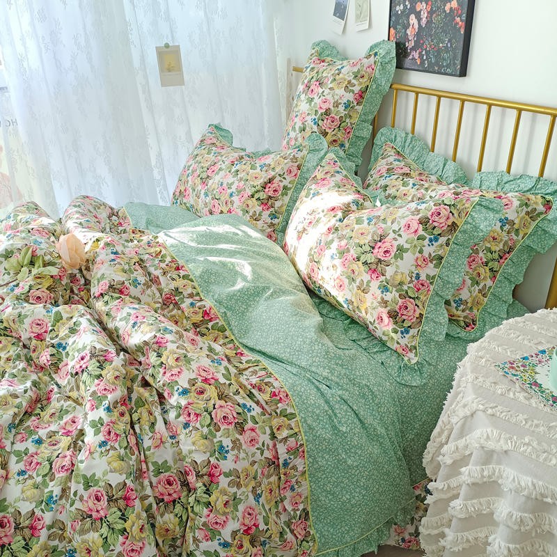 Ihomed 4/6Pcs100%Cotton Bedding Set Vintage Elegant Flowers Duvet cover  with Ruffle soft comfy bed sheet pillowcases Double Queen King