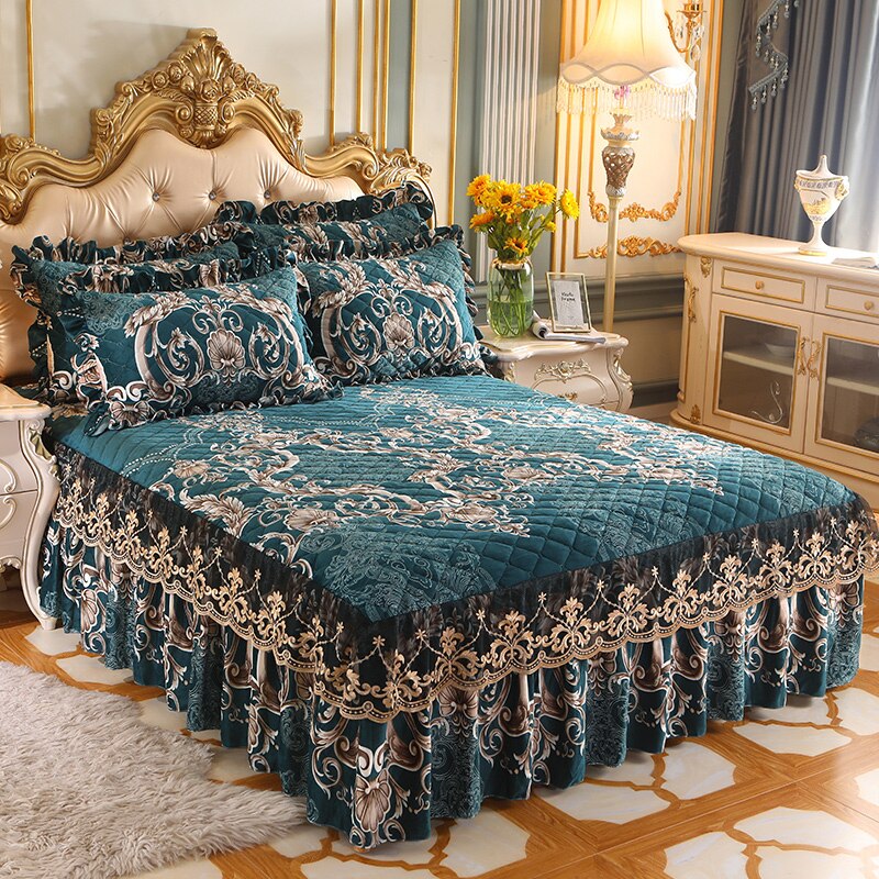 Ihomed Thick Bedspread Warm Velvet Bed Covers Skirt Floral Print Pattern Lace Bedding Queen Bedded Set Mattress Cover Decor Decoration