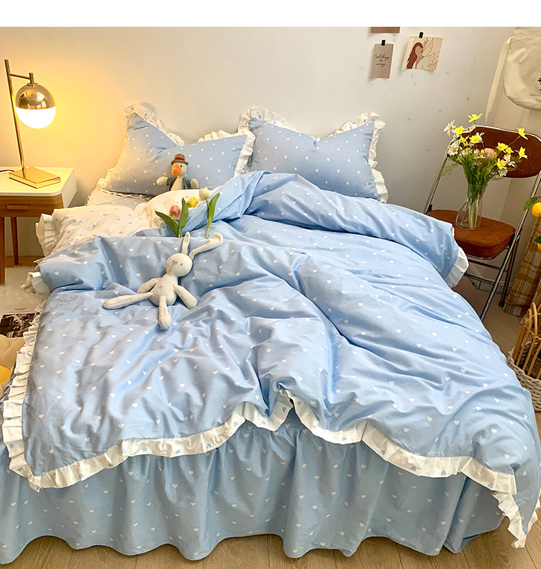 Ihomed New Cotton Bedding set Bed sheet Pillowcase Quilt Cover 4PCS Cute Princess Ruffled Princess Large King Size Full size