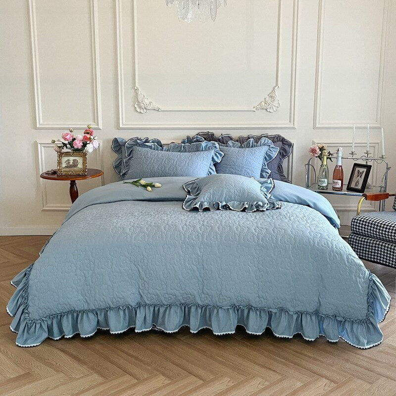 Ihomed Bedding Sets Luxury Girls French Manor Bed Line Cotton Quilted Ruffle Duvet Cover Bed Skirt with Pillowcase Bed Comforter Sets