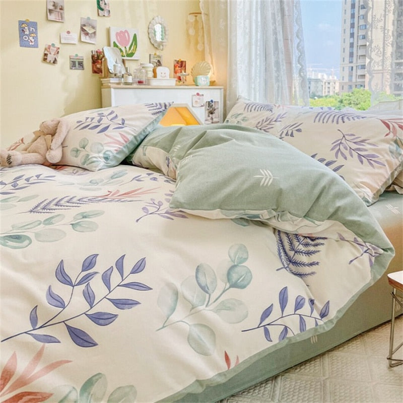 Ihomed AB double-sided florals print 100% cotton Bedding Set queen soft skin friendly duvet cover set with flat sheets quilt cover sets