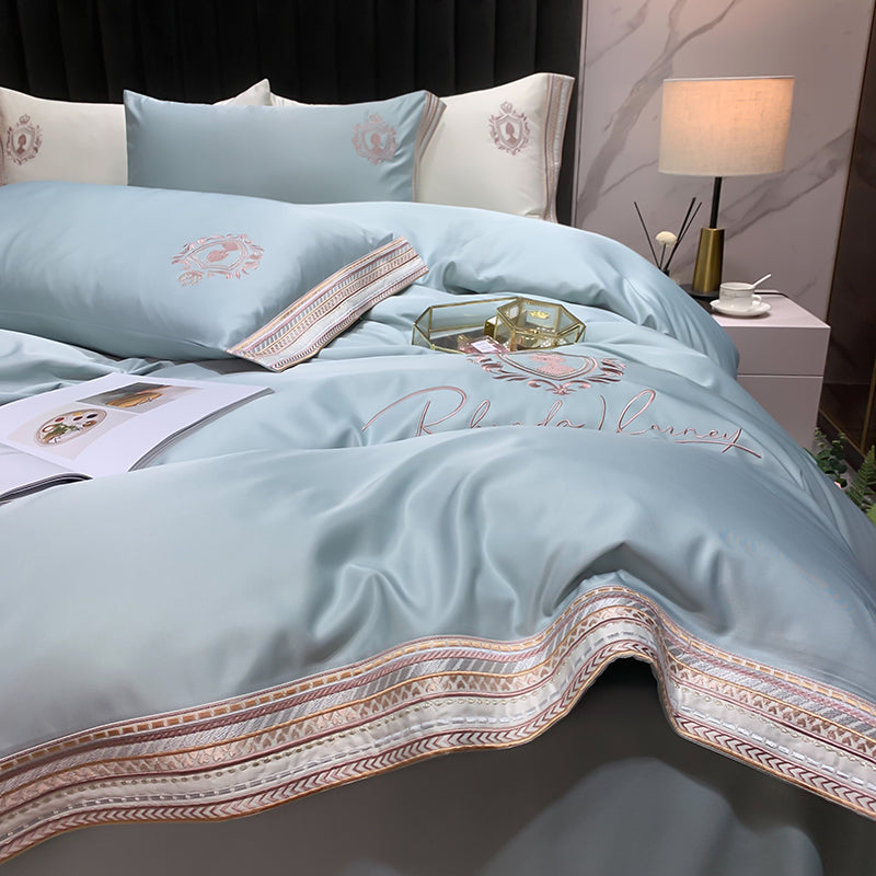 Ihomed Luxury Satin Silky Embroidery Bedding Set Soft Smooth Double Duvet Cover Set Bed Linen Fitted Sheet Pillowcases Home Textiles