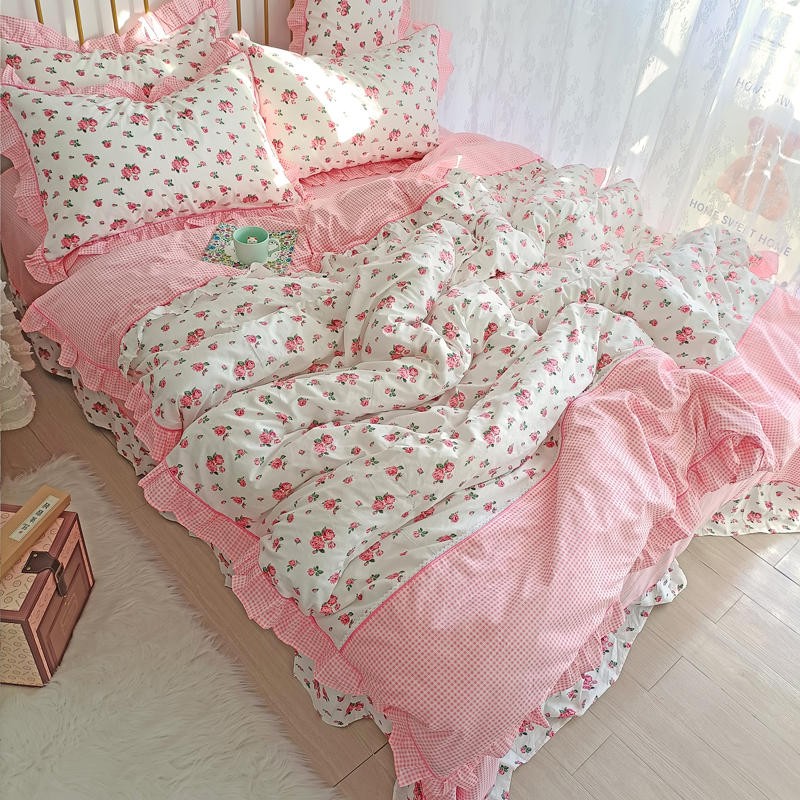 Ihomed 4/6Pcs100%Cotton Bedding Set Vintage Elegant Flowers Duvet cover  with Ruffle soft comfy bed sheet pillowcases Double Queen King