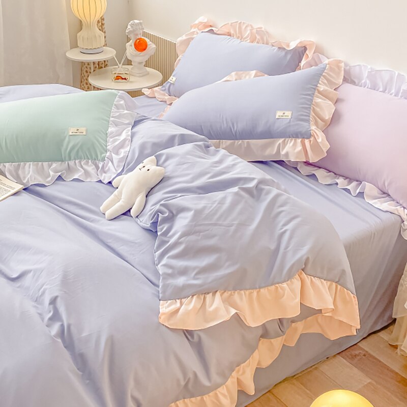 Ihomed Kawaii Pink Bedding Set Bedspreads Polyester Twin Full Queen Size Cute Fitted Double Bed Sheet Pillowcase Bedroom Duvet Cover